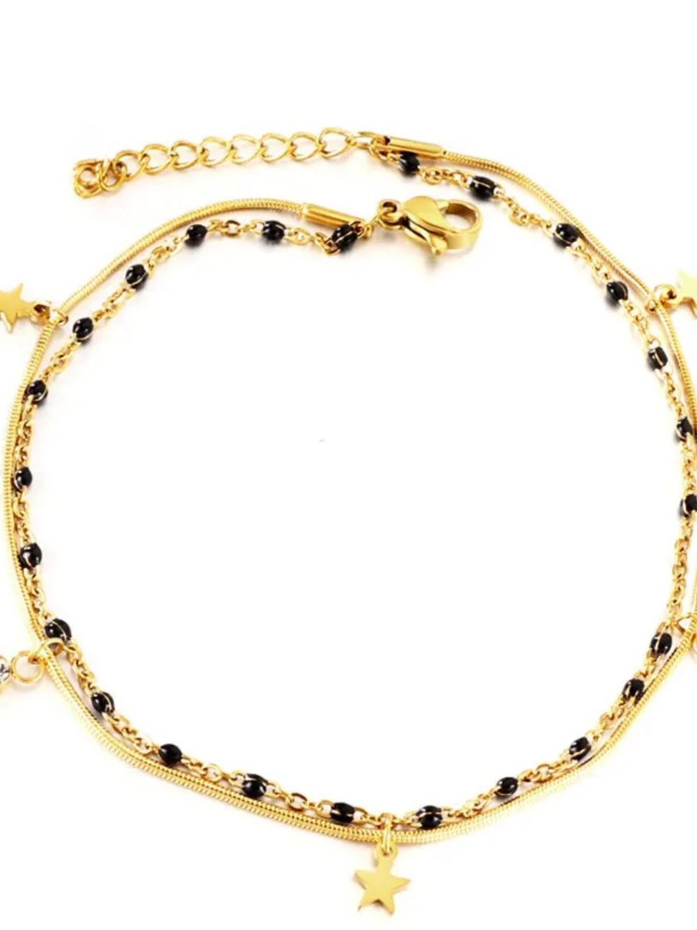 Gold Star Double-Layer Anklet with Black Beads